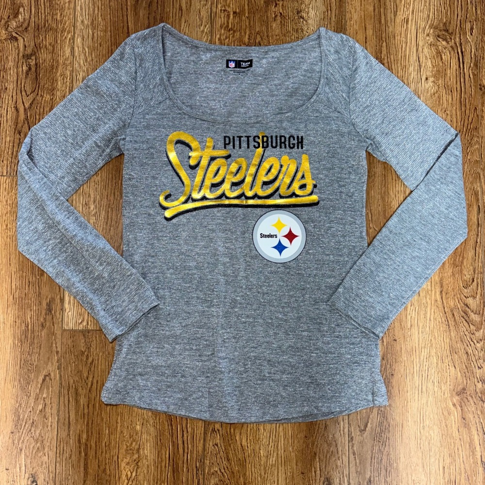 NFL Team Apparel‎ Pittsburgh Steelers Grey Shimmer Gold Foil Graphic Top Women M